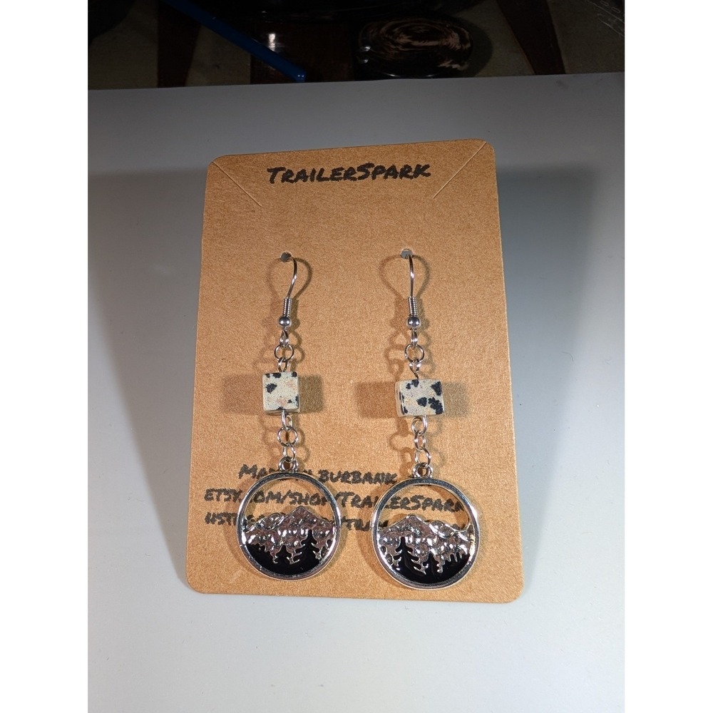 TrailerSpark Mountain Range Dangle Earrings Dalmatian Jasper Stone Silver Tone